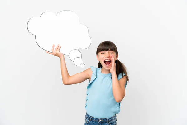Little Caucasian Kid Isolated White Background Holding Thinking Speech Bubble — стоковое фото
