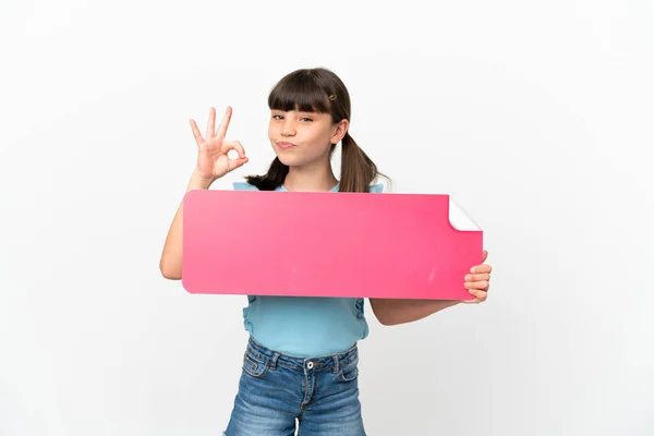 Little Caucasian Kid Isolated White Background Holding Empty Placard Doing — Stock fotografie