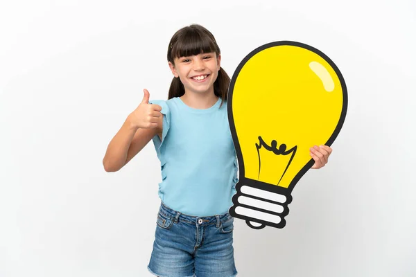 Little Caucasian Kid Isolated White Background Holding Bulb Icon Thumb — Stok fotoğraf