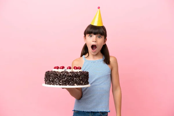 Little Caucasian Kid Holding Birthday Cake Isolated Pink Background Surprise Stock Picture