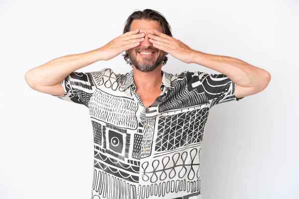 Senior Dutch Man Isolated White Background Covering Eyes Hands Smiling — Foto Stock