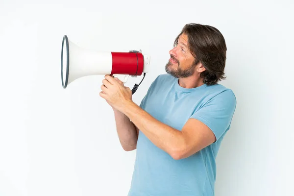 Senior Dutch Man Isolated White Background Shouting Megaphone Announce Something — Stock Photo, Image
