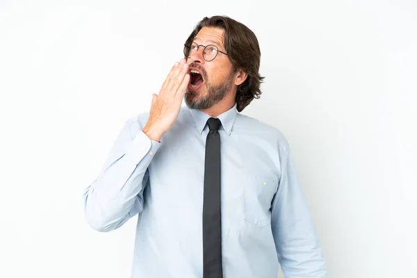 Senior Dutch Business Man Isolated White Background Yawning Covering Wide — Zdjęcie stockowe