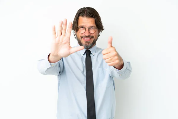 Senior Dutch Business Man Isolated White Background Counting Six Fingers — ストック写真