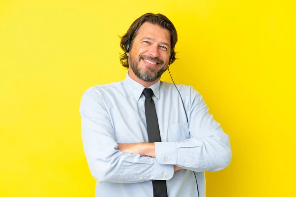 Telemarketer Dutch Man Working Headset Isolated Yellow Background Keeping Arms — Stock Photo, Image
