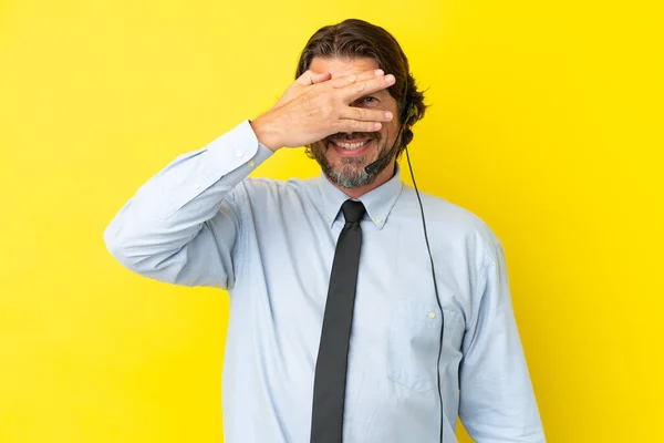 Telemarketer Dutch Man Working Headset Isolated Yellow Background Covering Eyes — Stock Photo, Image