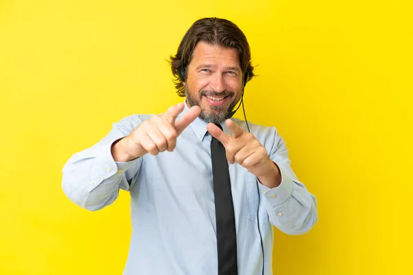 Telemarketer Dutch Man Working Headset Isolated Yellow Background Pointing Front — Stock fotografie
