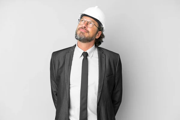 Young Architect Man Helmet Isolated Background Looking — ストック写真