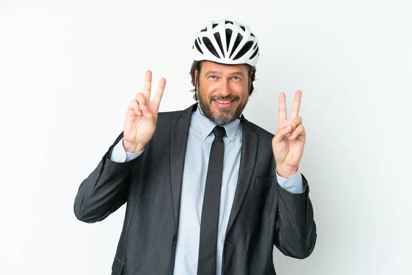 Business Senior Man Bike Helmet Isolated White Background Showing Victory — Stockfoto