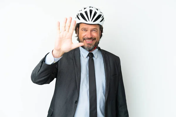 Business Senior Man Bike Helmet Isolated White Background Counting Five — Fotografia de Stock