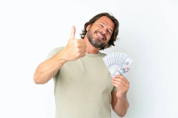 Senior Dutch Man Taking Lot Money Isolated White Background Thumbs — Foto de Stock