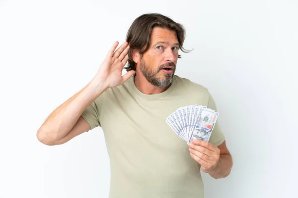 Senior Dutch Man Taking Lot Money Isolated White Background Listening — Foto de Stock