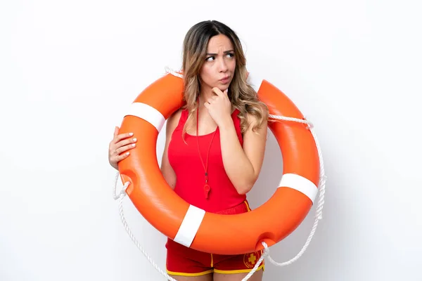 Lifeguard Caucasian Woman Isolated White Background Having Doubts Thinking — 스톡 사진