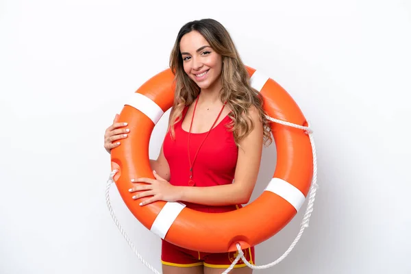 Lifeguard Caucasian Woman Isolated White Background Posing Arms Hip Smiling — 스톡 사진