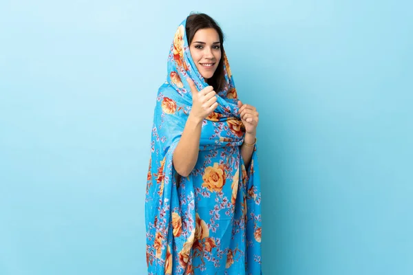 Young Moroccan Woman Traditional Costume Isolated Blue Background Thumbs Because — Stock Fotó