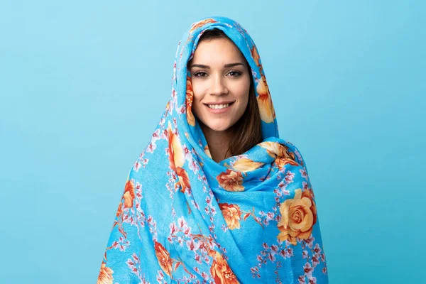Fiatal Marokkói Hagyományos Jelmez Elszigetelt Kék Háttér — Stock Fotó