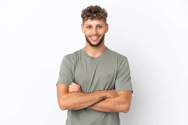 Young Caucasian Handsome Man Isolated White Background Keeping Arms Crossed — Stock Photo, Image