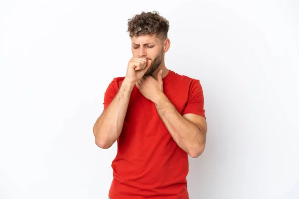 Young Caucasian Handsome Man Isolated White Background Coughing Lot — Foto Stock