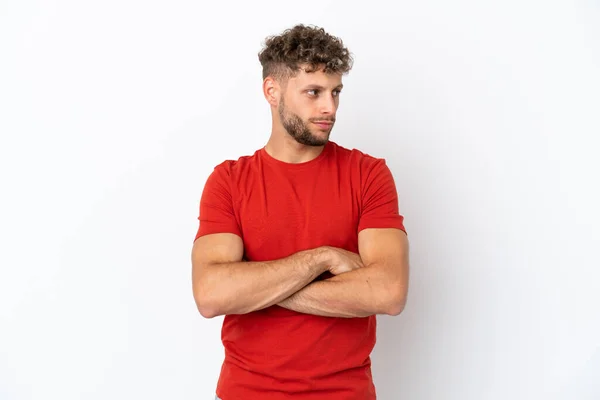 Young Caucasian Handsome Man Isolated White Background Keeping Arms Crossed — Stock Photo, Image