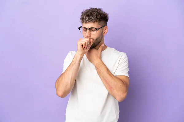 Delivery Caucasian Man Isolated Purple Background Coughing Lot — Stok fotoğraf