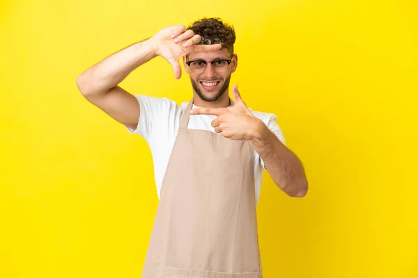 Restaurant Waiter Blonde Man Isolated Yellow Background Focusing Face Framing — Photo