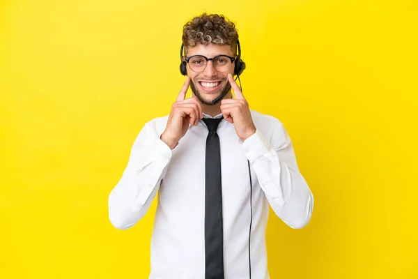 Telemarketer Blonde Man Working Headset Isolated Yellow Background Smiling Happy — ストック写真