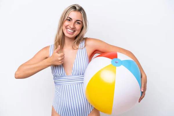 Young Caucasian Woman Holding Beach Ball Isolated White Background Thumbs — Stock Photo, Image
