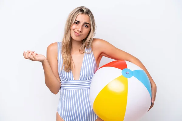 Young Caucasian Woman Holding Beach Ball Isolated White Background Making — Stockfoto