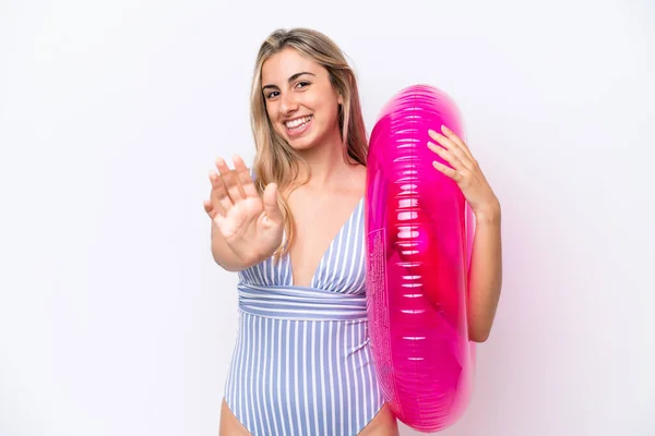 Young Caucasian Woman Holding Air Mattress Donut Isolated White Background — Zdjęcie stockowe