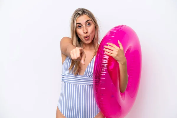 Young Caucasian Woman Holding Air Mattress Donut Isolated White Background — Stockfoto