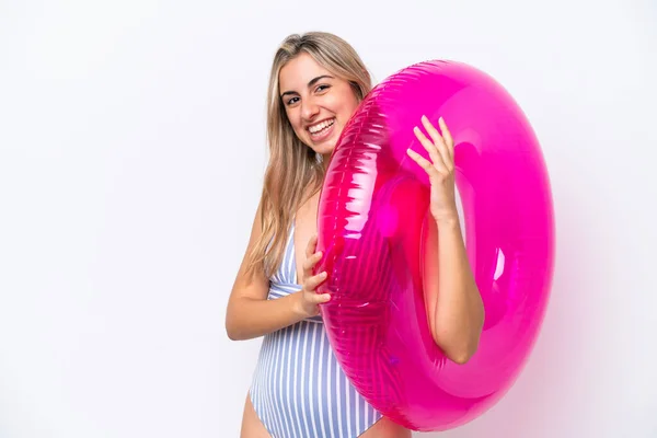 Young Caucasian Woman Holding Air Mattress Donut Isolated White Background — ストック写真