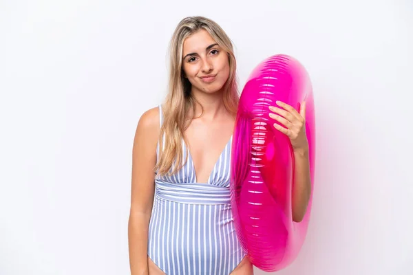 Young Caucasian Woman Holding Air Mattress Donut Isolated White Background — Fotografia de Stock