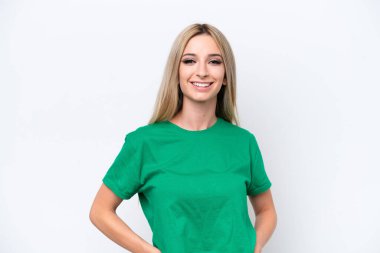 Pretty blonde woman isolated on white background laughing