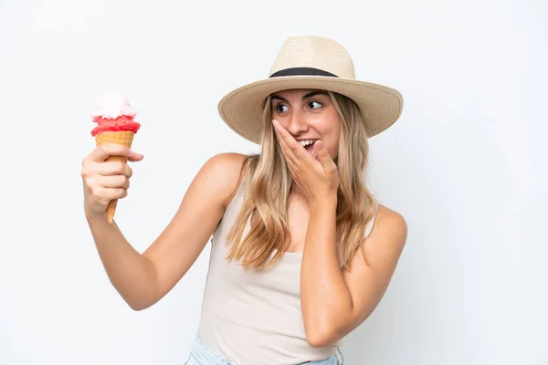 Young Caucasian Woman Cornet Ice Cream Isolated White Background Surprise — ストック写真