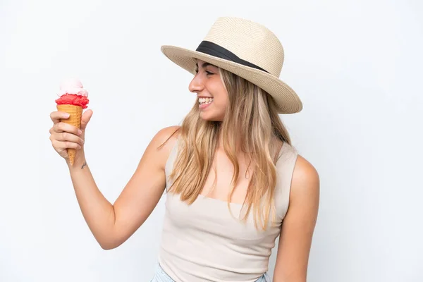 Young Caucasian Woman Cornet Ice Cream Isolated White Background Happy — Stockfoto