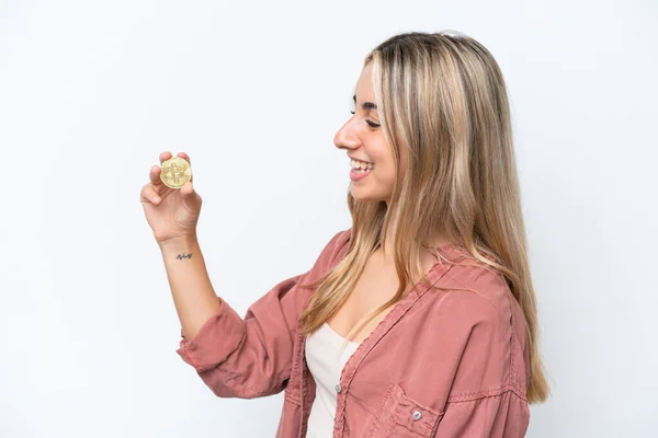 Young Caucasian Woman Holding Bitcoin Isolated White Background Happy Expression — 图库照片