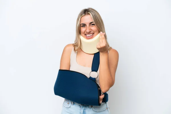 Woman Broken Arm Wearing Sling Isolated White Background Making Money —  Fotos de Stock