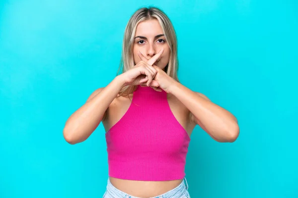 Young Caucasian Woman Isolated Blue Background Showing Sign Silence Gesture — Stock Photo, Image