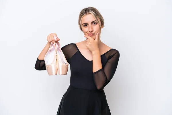 Young Caucasian Woman Practicing Ballet Isolated White Background Thinking — Stock Fotó