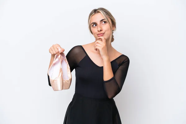 Young Caucasian Woman Practicing Ballet Isolated White Background Looking — ストック写真