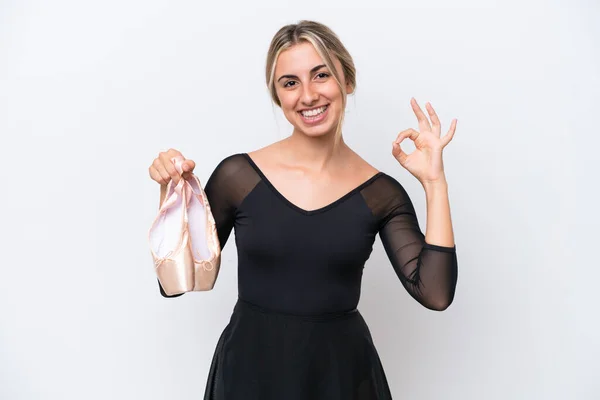 Young Caucasian Woman Practicing Ballet Isolated White Background Showing Sign —  Fotos de Stock