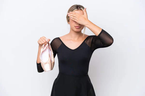 Young Caucasian Woman Practicing Ballet Isolated White Background Covering Eyes — 스톡 사진
