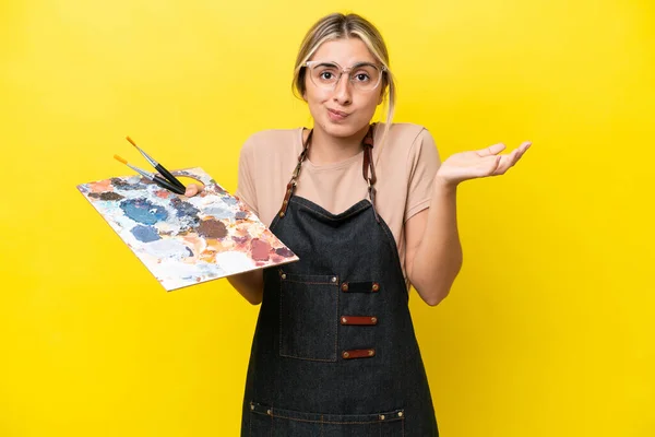 Young Artist Caucasian Woman Holding Palette Isolated Yellow Background Having —  Fotos de Stock