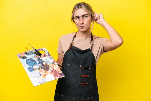 Young Artist Caucasian Woman Holding Palette Isolated Yellow Background Having — ストック写真