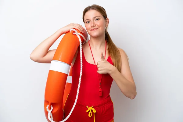 Young Caucasian Woman Isolated White Background Lifeguard Equipment Thumbs — Foto Stock