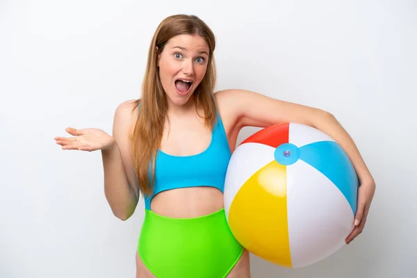Young Woman Holding Beach Ball Holidays Isolated White Background Shocked — 스톡 사진