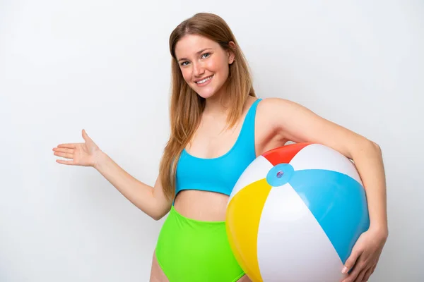 Young Woman Holding Beach Ball Holidays Isolated White Background Extending — Stockfoto