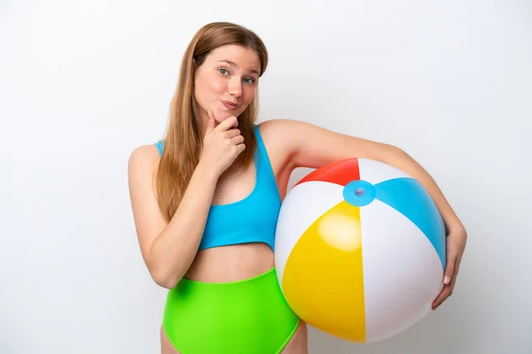 Young Woman Holding Beach Ball Holidays Isolated White Background Happy — Stockfoto