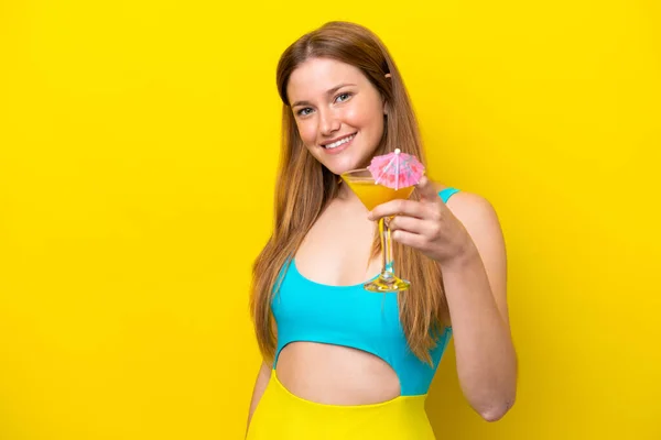Young Caucasian Woman Holding Cocktail Isolated Yellow Background Happy Expression — Stock Photo, Image