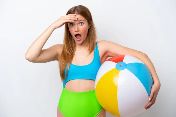 Young Woman Holding Beach Ball Holidays Isolated White Background Doing — Stockfoto